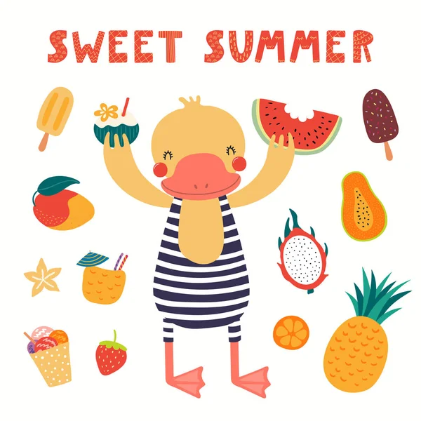 Ilustración Vectorial Dibujada Mano Lindo Pato Verano Con Frutas Alimentos — Vector de stock