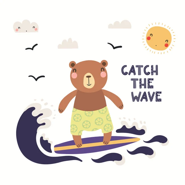 Ręcznie Rysowane Wektor Ilustracji Cute Niedźwiedzia Letnim Surfingu Napisem Cytat — Wektor stockowy