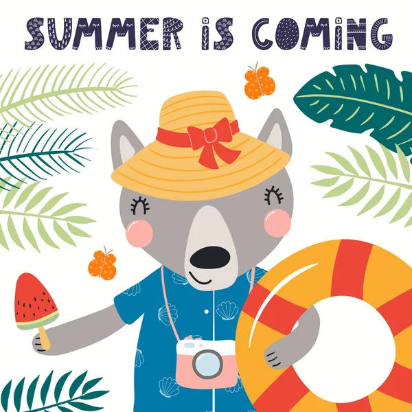 手绘矢量插图可爱的狼与照片相机 冰淇淋 报价夏天是孤立的白色背景 斯堪的纳维亚风格的平面设计 夏季儿童印刷的概念 — 图库矢量图片
