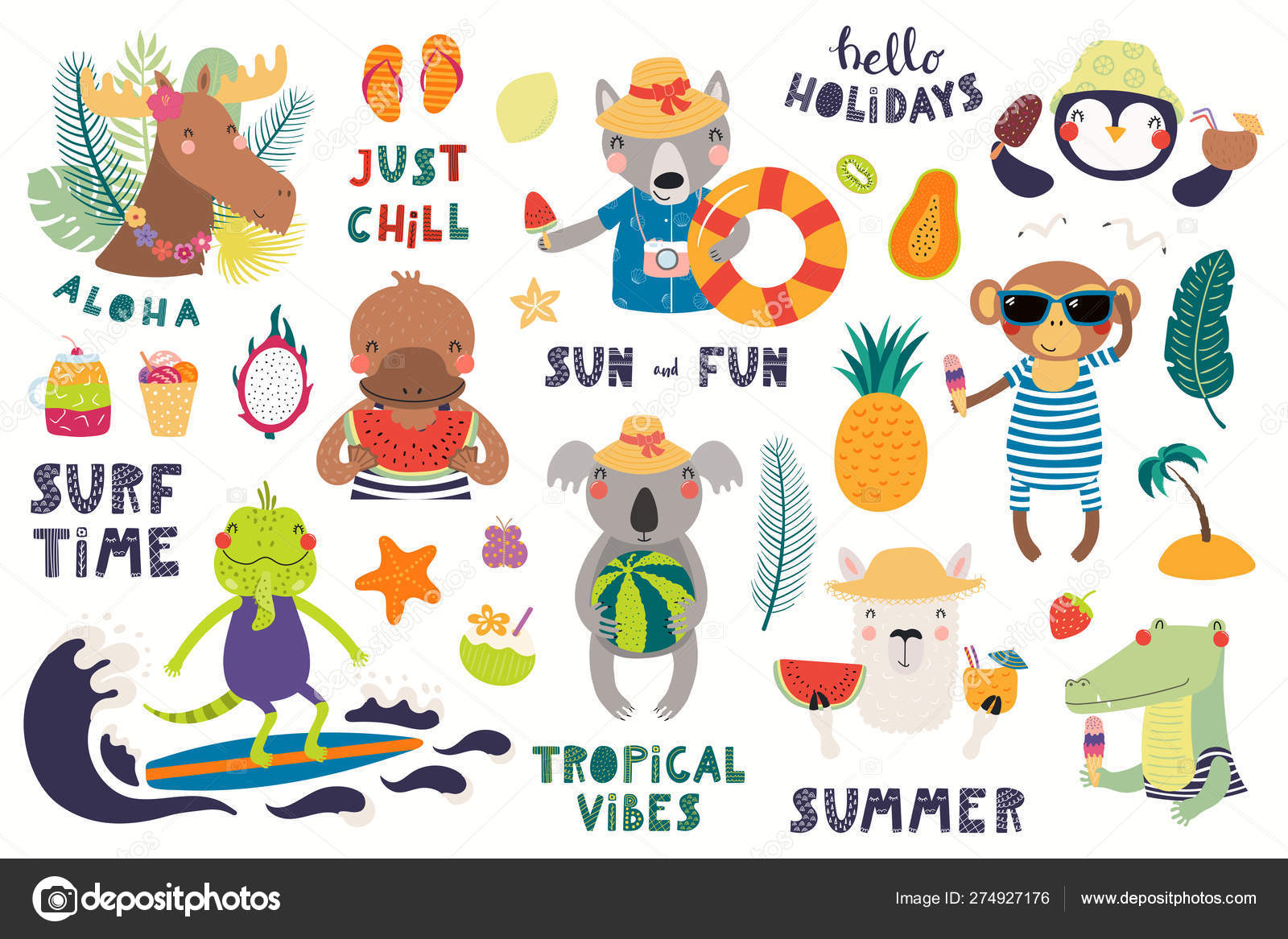 Big Summer Set Cute Animals Quotes Fruits Drinks Pool Floats Stock Vector  Image by ©Maria_Skrigan #274927176