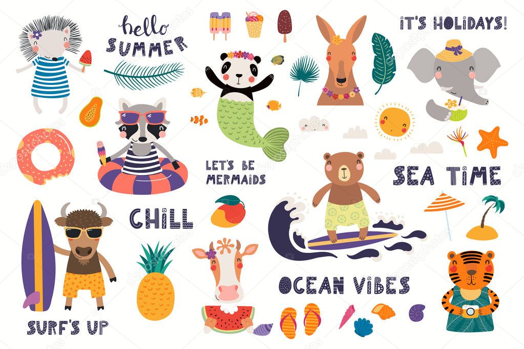 Big summer set with cute animals with quotes and fruits with drinks and pool floats isolated on white background. Scandinavian style flat design. Concept for summer textile print