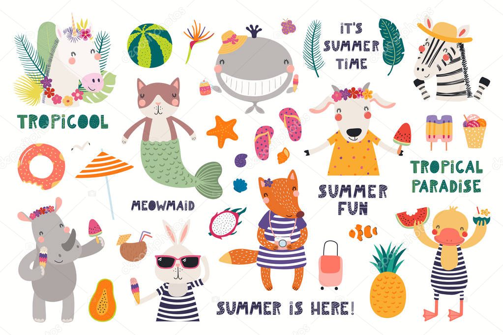 Big summer set with cute animals with quotes and fruits with drinks and pool floats isolated on white background. Scandinavian style flat design. Concept for summer textile print