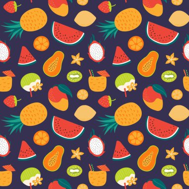 El koyu mavi arka plan üzerinde tropikal meyve ile sorunsuz parlak vektör deseni çizilmiş. İskandinav tarzı düz tasarım. Yaz tekstil baskı konsepti