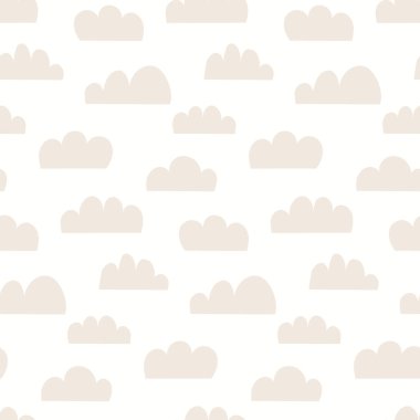 Beyaz arka plan üzerinde izole bulutlar ile el çizilmiş dikişsiz vektör deseni. İskandinav tarzı düz tasarım. Yaz tekstil baskı konsepti