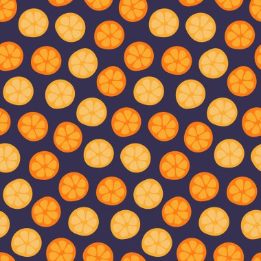 Koyu mavi arka plan üzerinde portakal ve limon dilimleri ile el çizilmiş dikişsiz parlak vektör deseni. İskandinav tarzı düz tasarım. Yaz tekstil baskı konsepti