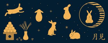 banner design with full moon and cute rabbits with susuki grass and Japanese text Tsukimi, Hand drawn vector illustration. Concept for decor clipart
