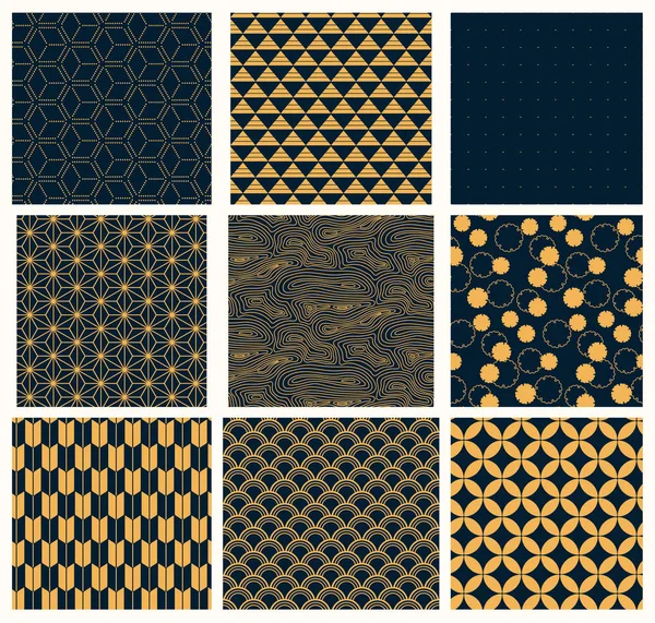 Collection Golden Traditional Eastern Seamless Patterns Dark Blue Background Vector — Stock Vector