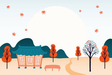 Kore'de Orta Sonbahar Festivali için el çizilmiş vektör illüstrasyon, Chuseok, ülke manzara ile, hanok, ağaçlar, düşen yapraklar, dolunay. Tatil kartı konsepti