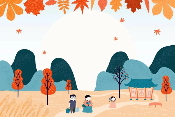 韓国の休日チュソクのための手描きベクトルイラスト 国の風景 祖父母を訪問する家族 落ち葉 — ストックベクタ