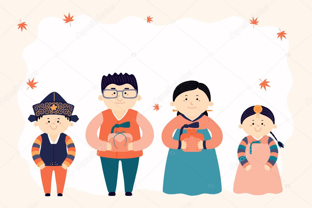 Hand drawn vector illustration for Korean holiday Chuseok, with family, mother, father, children, presents, falling leaves. Flat style design. Concept for holiday card