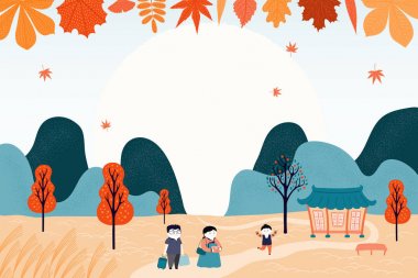 Kore tatili Chuseok için el çizilmiş vektör illüstrasyon, ülke manzara ile, aile ziyaret dedesi, düşen yapraklar, dolunay. 