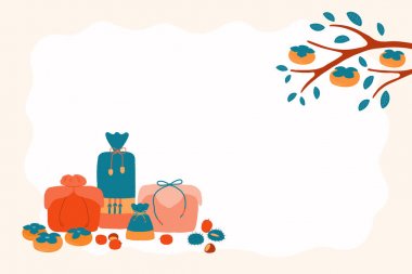 Kore tatil Chuseok için el çizilmiş vektör illüstrasyon, hediyeler, hurma, kestane, jujube ile. Düz stil tasarımı. 