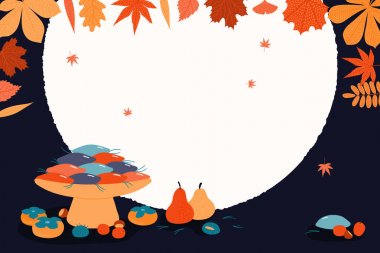 Kore tatil Chuseok için el çizilmiş vektör illüstrasyon, hurma, mooncakes, kestane, jujube, armut, çam iğneleri, dolunay, yaprakları ile. 