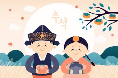 Hanboks, ülke manzara, dolunay, hediyeler, Korece metin Chuseok sevimli çocuklar ile, Orta Sonbahar için el çizilmiş vektör illüstrasyon. Tatil kartı konsepti