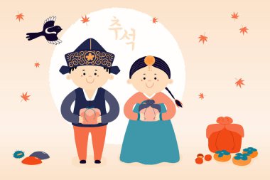 Hanboks, dolunay, hediyeler, hurma, mooncakes, saksağan, Korece metin Chuseok sevimli çocuklar ile, Orta Sonbahar için el çizilmiş vektör illüstrasyon. Tatil kartı konsepti