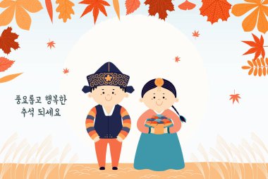 Hanboks, mooncakes, ay, yaprak, Korece metin Happy Chuseok sevimli çocuklar, erkek ve kız, orta sonbahar için el çizilmiş vektör illüstrasyon. Düz stil tasarımı. Tatil kartı konsepti