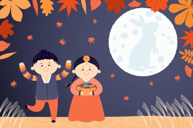 Sevimli çocuklar, erkek ve kız, hanboks, mooncakes, ay tavşan, sonbahar yaprakları ile Kore tatil Chuseok için el çizilmiş vektör illüstrasyon.