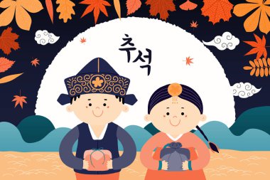 Hanboks, ülke manzara, dolunay, hediyeler, Korece metin Chuseok sevimli çocuklar ile, Orta Sonbahar için el çizilmiş vektör illüstrasyon. Düz stil tasarımı. Tatil kartı konsepti