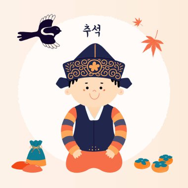 Hanbok, dolunay, hediyeler, hurma, mooncakes, saksağan, Korece metin Chuseok sevimli çocuk ile, Orta Sonbahar için el çizilmiş vektör illüstrasyon. Düz stil tasarımı. Tatil kartı konsepti