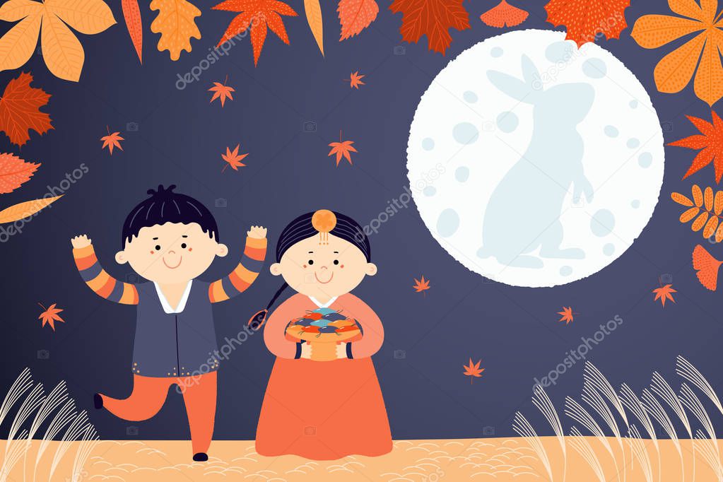 Hand drawn vector illustration for Korean holiday Chuseok with cute children, boy and girl, in hanboks, mooncakes, rabbit on the moon, autumn leaves.