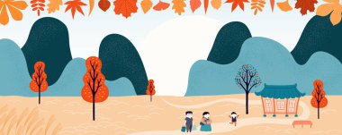 Kore tatili chuseok aile ziyaret için el çizilmiş vektör illüstrasyon ülke manzara hanok çatı ile evin yakınında yürürken dedesi ziyaret, Tatil kartı için kavram