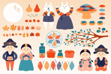 Set of Mid Autumn design elements, kids, rabbits, moon, holiday gifts, persimmons, mooncakes, Korean text Chuseok, Hand drawn vector illustration Flat style  clipart