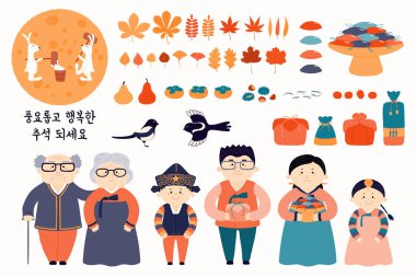Aile ve Korece metin Happy Chuseok ile orta sonbahar tasarım elemanları ayarlayın. El çizilmiş vektör çizim. Düz stil