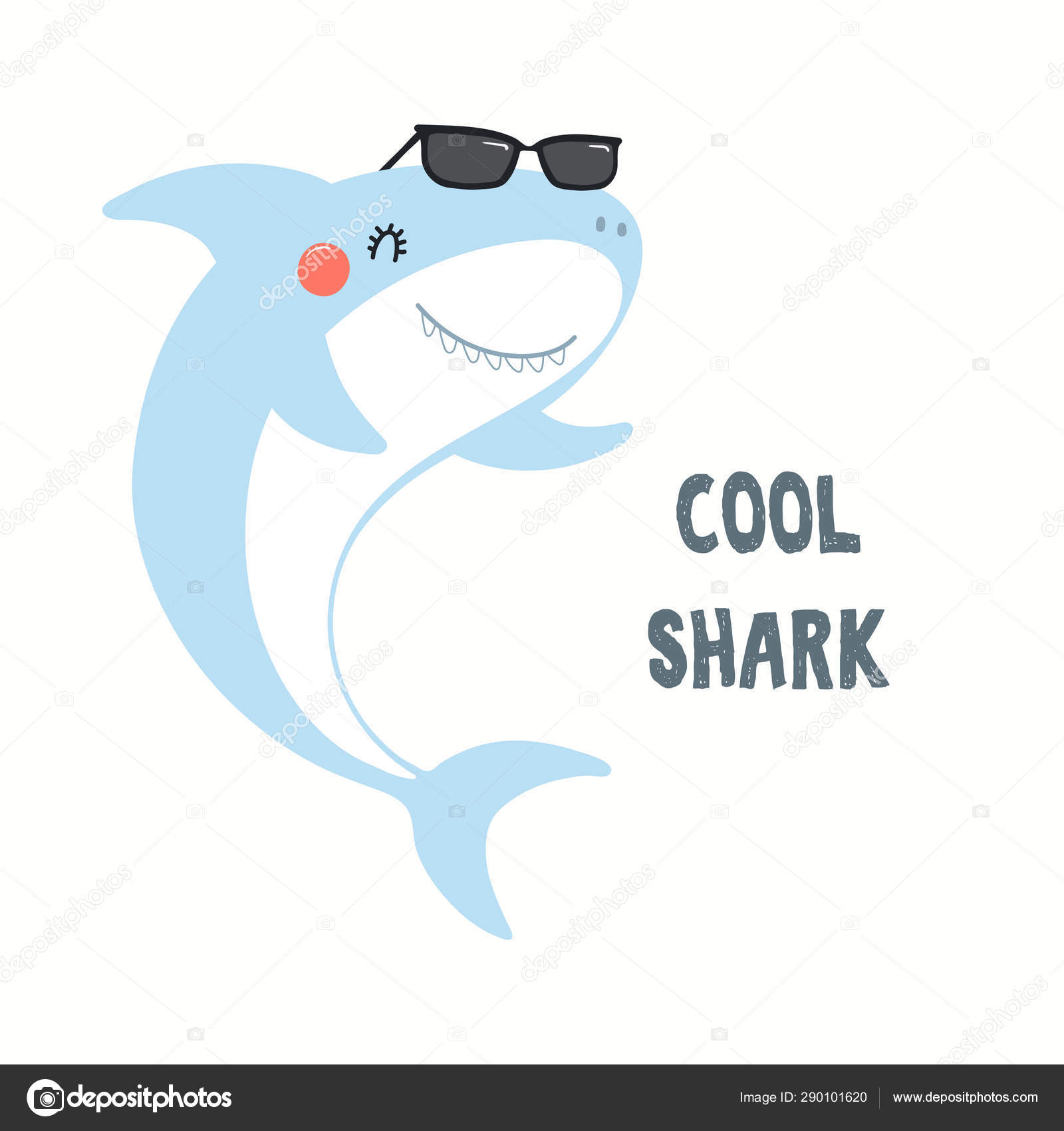 Hand Drawn Vector Illustration Cute Funny Shark Sunglasses Quote