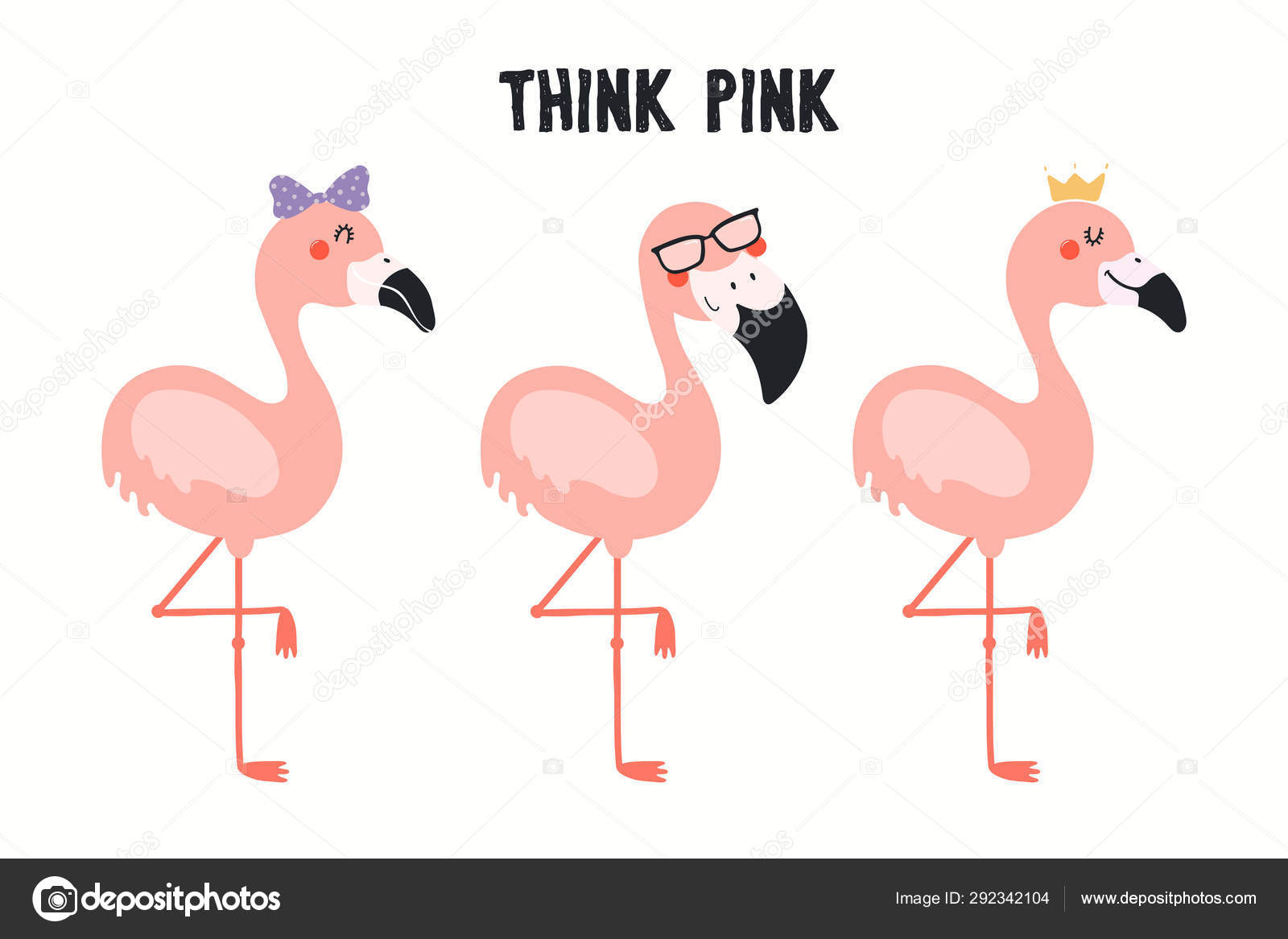 Collection Cute Funny Flamingos Quote Think Pink Isolated White Background Vector Image By C Maria Skrigan Vector Stock 292342104