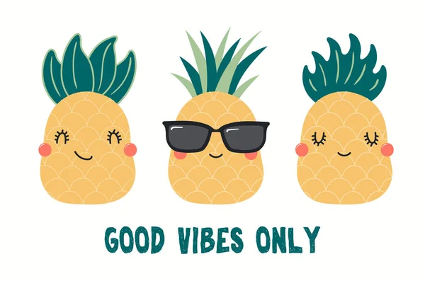Collection Cute Funny Pineapples Quote Good Vibes Only Isolated White — Stock Vector