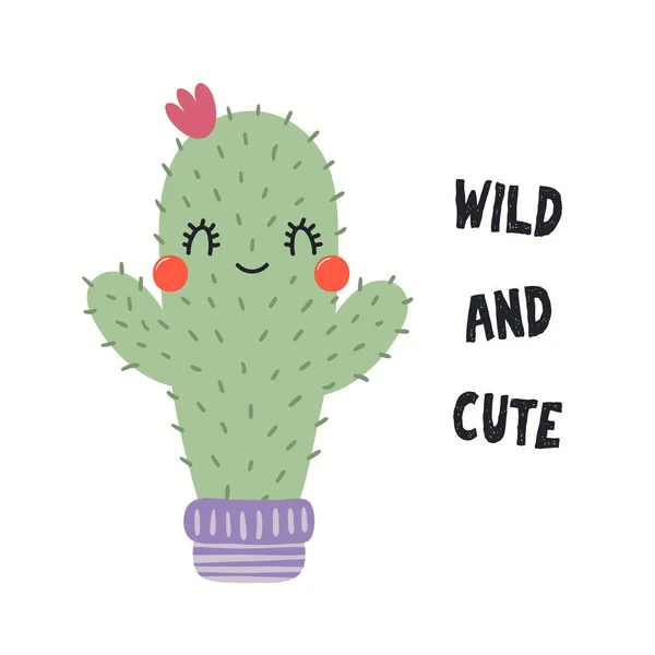 Illustration Vectorielle Dessinée Main Cactus Drôle Mignon Pot Fleurs Avec — Image vectorielle