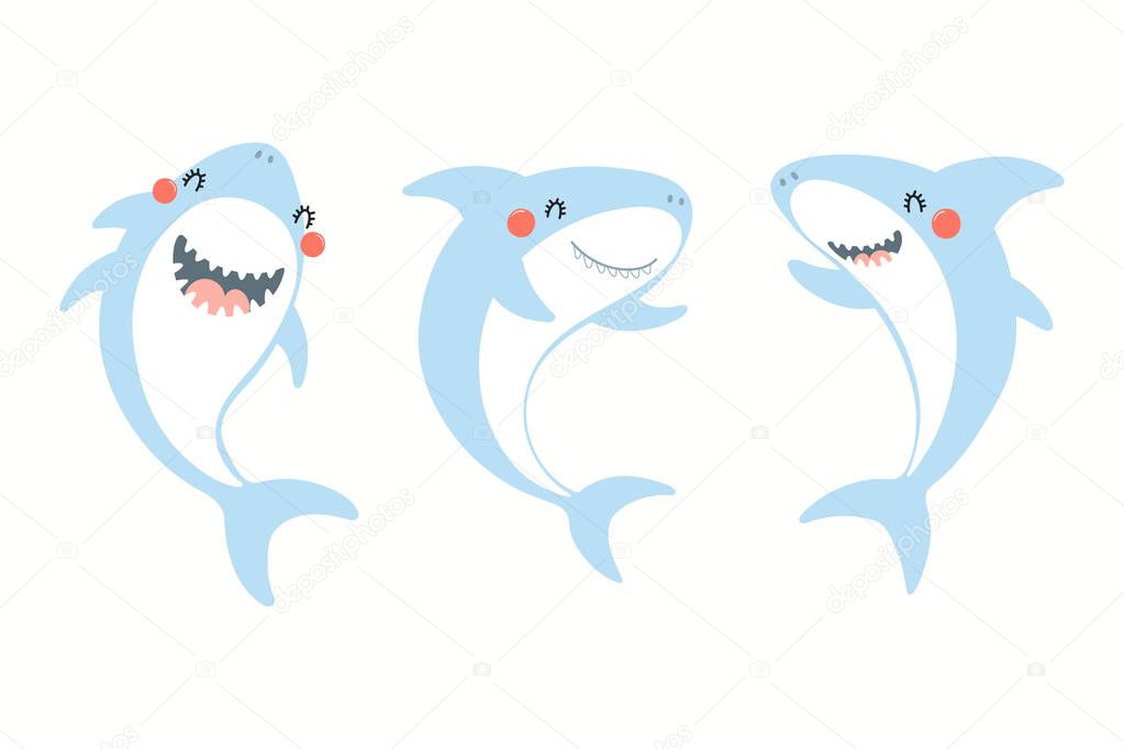 Collection of cute funny sharks.Hand drawn vector illustration. Flat style design. Concept for summer children print.