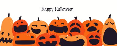 beyaz arka plan ve metin Mutlu Cadılar Bayramı komik kabaklar ile parti davetiyesi. El çizilmiş vektör illüstrasyon. Tatil dekor konsepti. 