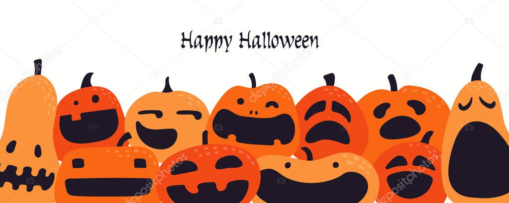 party invitation with funny pumpkins on white background and text Happy Halloween. Hand drawn vector illustration. Holiday decor concept. 