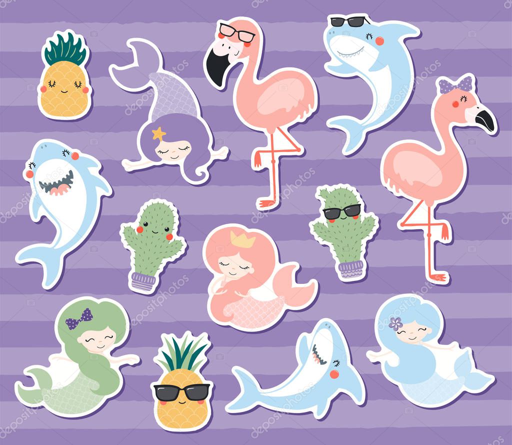 Big set of cute stickers with mermaids and cacti with pineapples and flamingos with  sharks. Concept for summer children print.