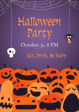 kafatası ve metin Halloween Party ile komik kabakve örümcek ağları ile parti davetiyesi. El çizilmiş vektör illüstrasyon. Tatil dekor konsepti.
