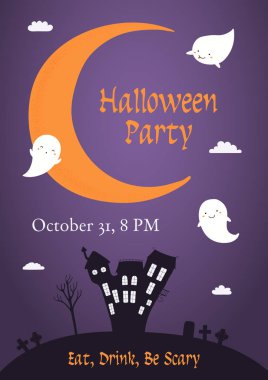 gece gökyüzü ve perili ev ve metin Cadılar Bayramı Partisi ile hilal ay ile davet afiş. Elle çizilmiş vektör illüstrasyonu.  