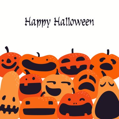 beyaz arka plan ve metin Mutlu Cadılar Bayramı komik kabaklar ile parti davetiyesi. El çizilmiş vektör illüstrasyon. Tatil dekor konsepti. 