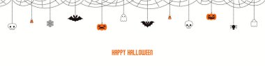 Beyaz arka plan üzerinde hayaletler ve örümcek ağları ile kabak ve yarasalar ile Mutlu Halloween kiraz. El çizilmiş vektör illüstrasyon. Tatil konsepti.