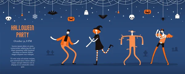 Halloween Banner Med Dans Människor Kostymer Och Bunting Med Text — Stock vektor