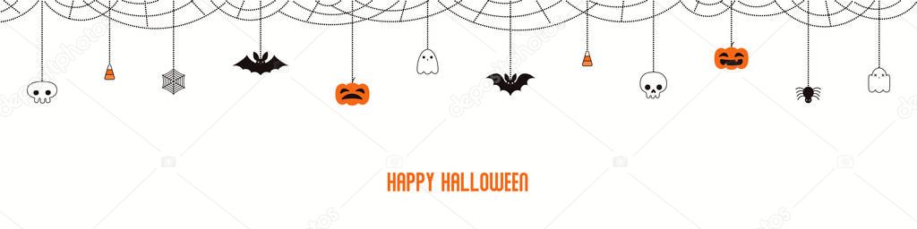 Happy Halloween bunting with pumpkins and bats with ghosts and spider webs on white background. Hand drawn vector illustration. Holiday concept.