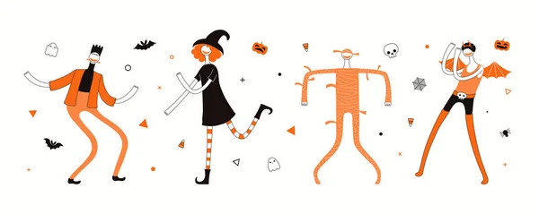 Kartu Halloween Dengan Karakter Menari Dalam Kostum Ilustrasi Vektor Gambar - Stok Vektor