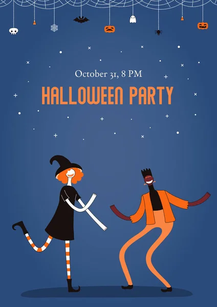 Halloween Plakat Mit Tanzenden Menschen Kostümen Und Feiertagsflagge Mit Text — Stockvektor