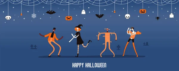 Banner Halloween Com Pessoas Dançando Trajes Bunting Com Texto Ilustração — Vetor de Stock