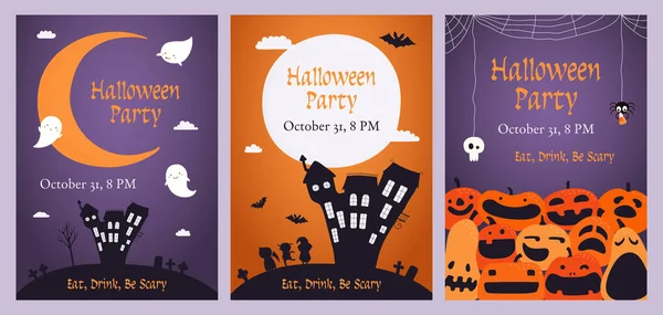 Halloween Party Einladungen Mit Kürbissen Und Mond Mit Kindern Kostümen — Stockvektor