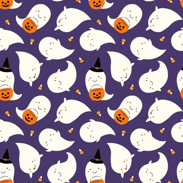 Mor arka plan üzerinde mısır şekerleri ile sevimli hayaletler ve kabaklar ile el çizilmiş dikişsiz vektör deseni. Kawaii tarzı düz tasarım. Konsept Halloween tekstil baskı