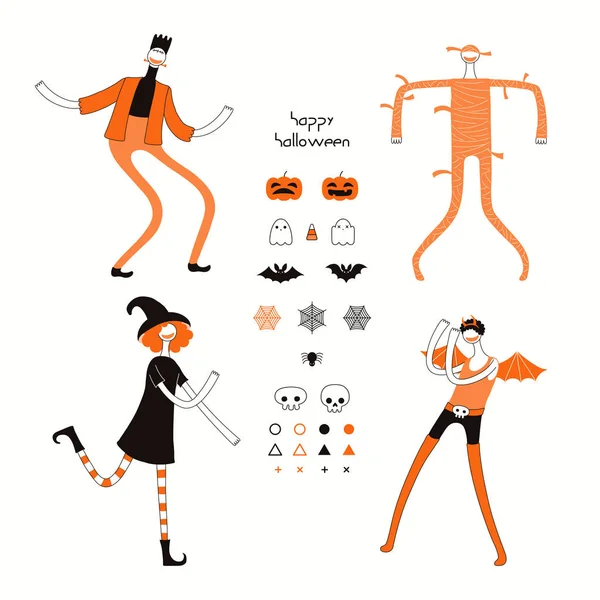 衣装やクモの巣で踊るキャラクターとハロウィーンのデザイン要素のセット 手描きベクトルイラスト — ストックベクタ