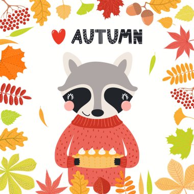 Hand drawn vector illustration of a cute raccoon with pumpkin pie, leaves frame, quote Heart Autumn isolated on white background. Scandinavian style flat design. Concept for kids print.