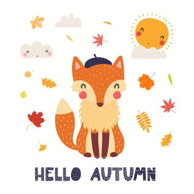 Hand drawn vector illustration of a cute fox in beret, with leaves, sun, clouds, quote Hello Autumn isolated on white background. Scandinavian style flat design. Concept for kids print.