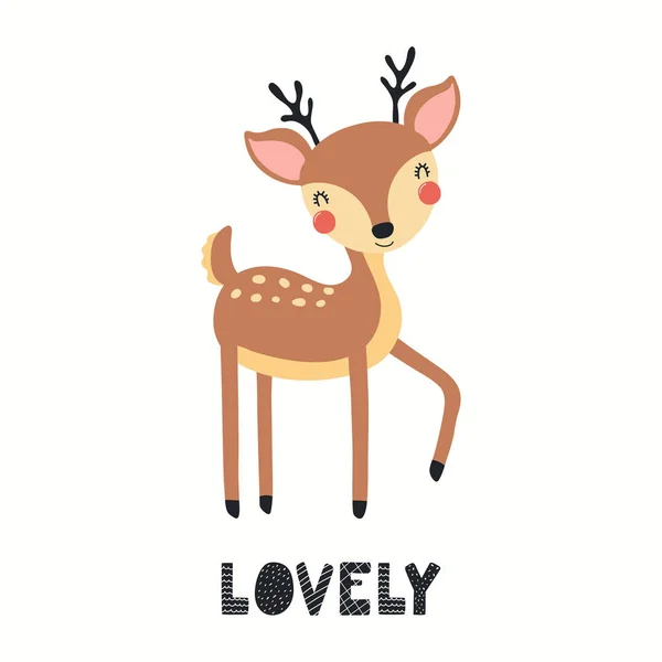 Hand Drawn Vector Illustration Cute Funny Deer Lettering Quote Lovely — ストックベクタ